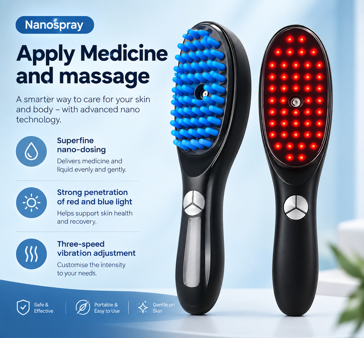 Reluxe LED Scalp Massage Comb - red and blue light therapy nanospray application