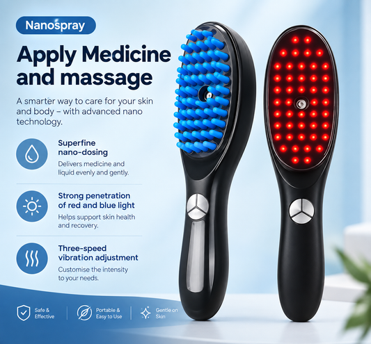 Reluxe LED Scalp Massage Comb - red and blue light therapy nanospray application